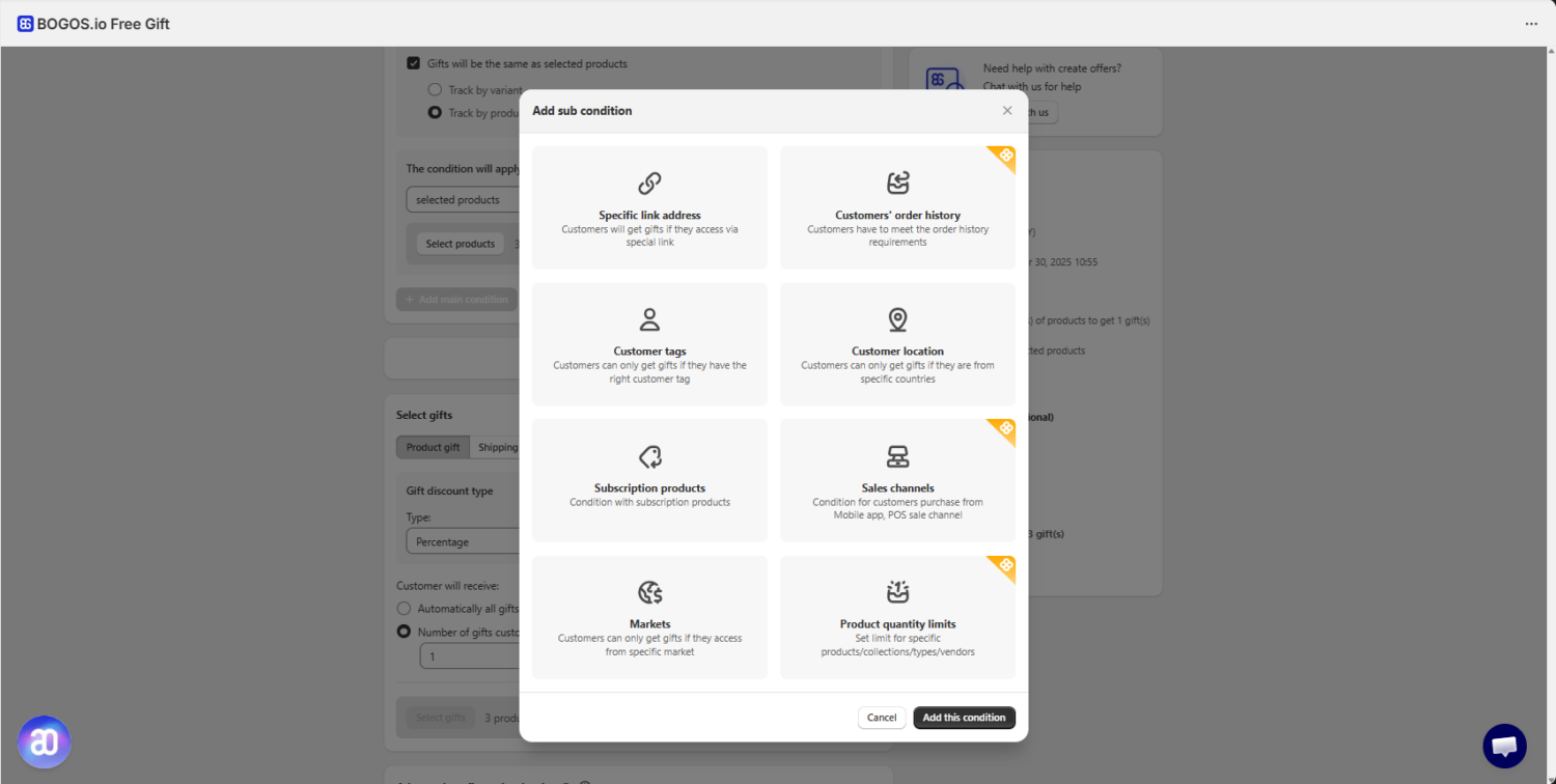 BOGOS Sub-Condition Settings