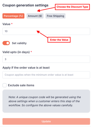 The image shows the user interface of Free Shipping coupon generation settings in Retainful to win back abandoned BOGO carts. 