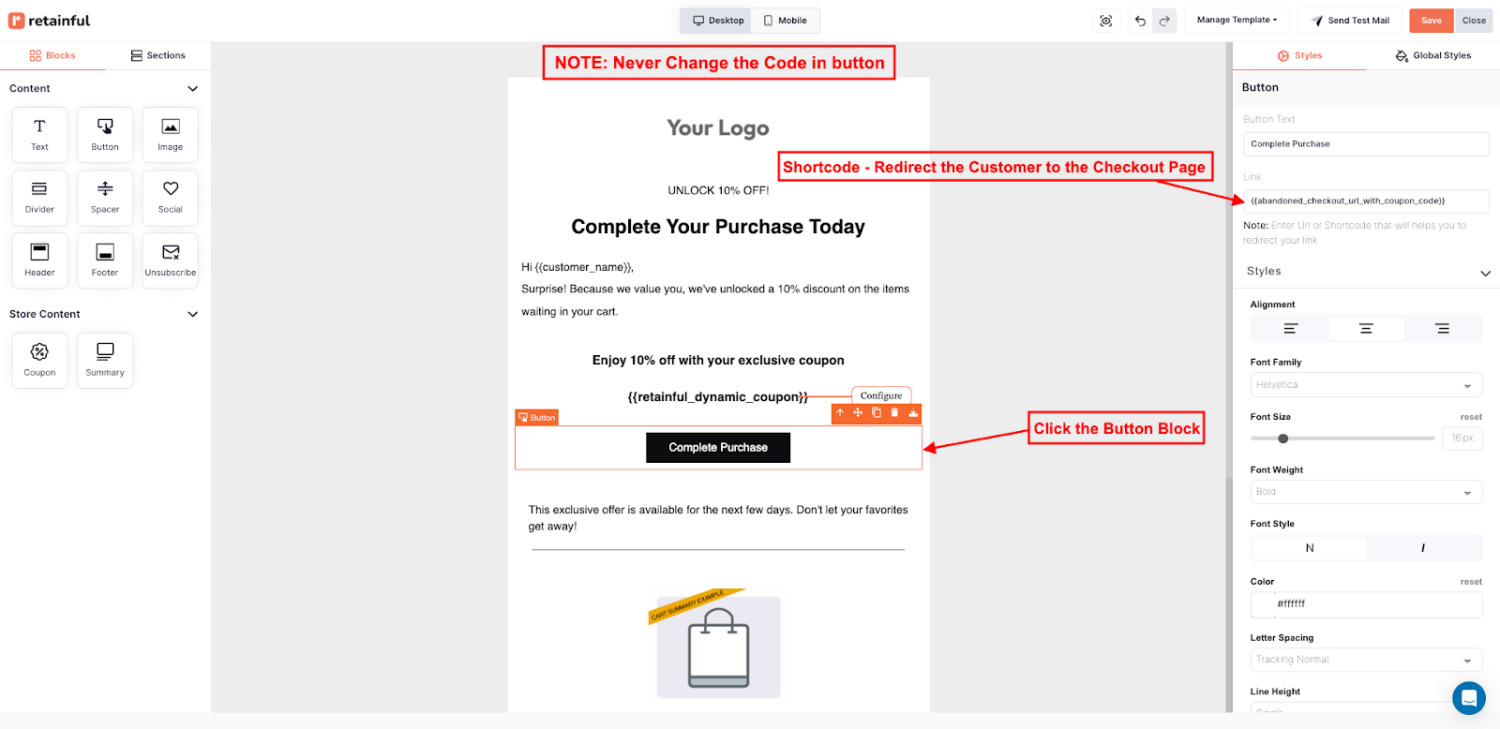 Drag and drop email editor UI of Retainful displaying the shortcode for cart recovery url that directly takes the user to the checkout page. 
