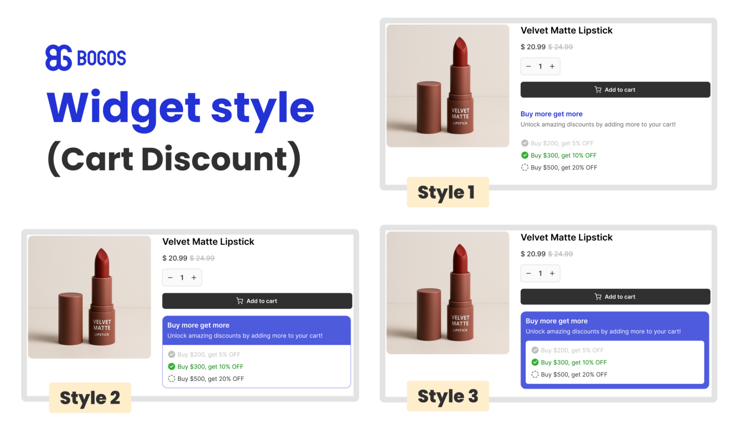 BOGOS: Free Gift Bundle Upsell app app with 3 widget styles of cart discount for shopify merchant