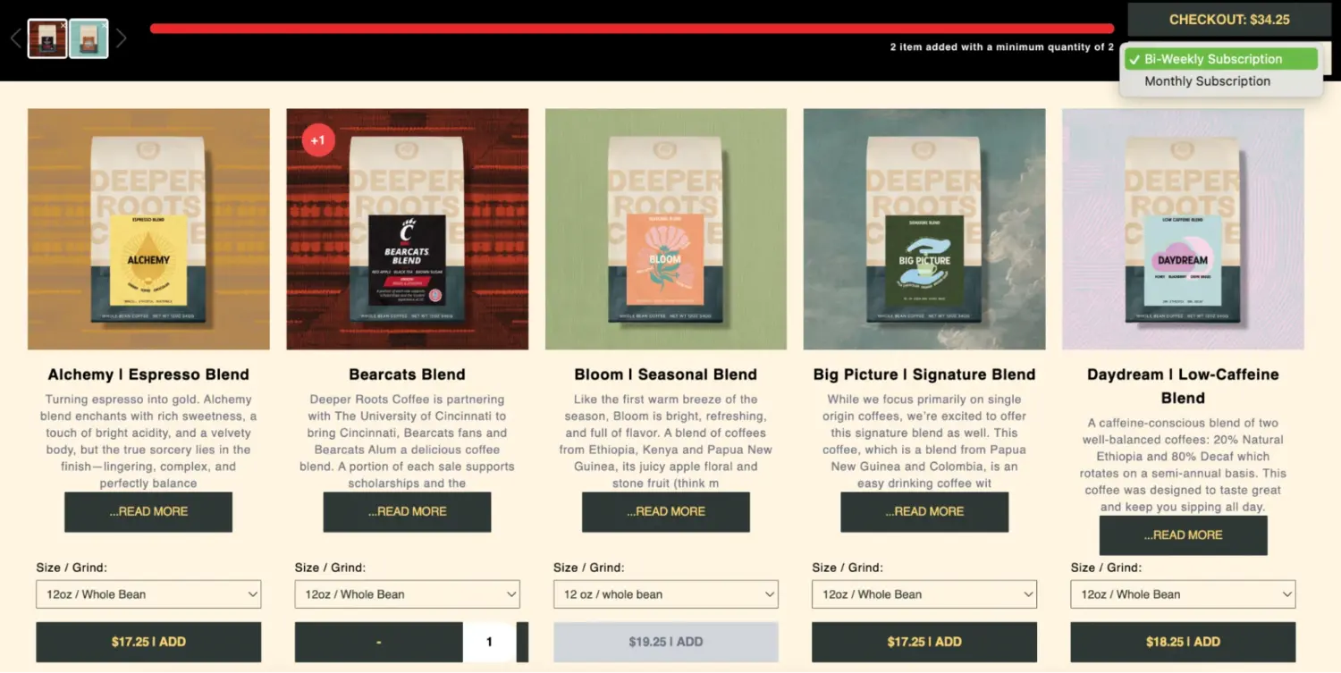 Customizable Coffee Subscription Builder With Detailed Product Options And Progress Tracking For Bundle Completion