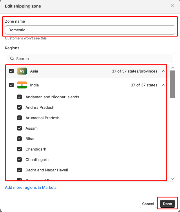 domestic shipping zone