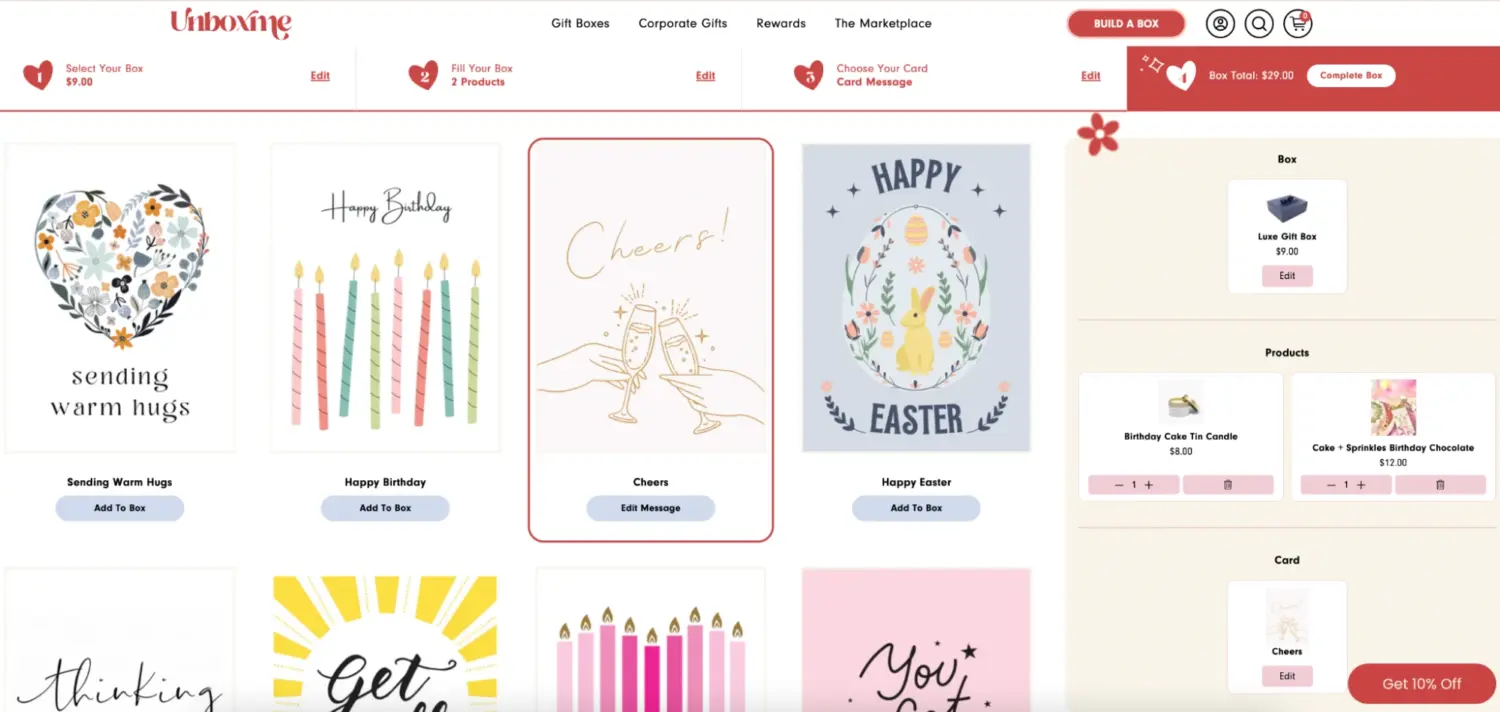 Guided Gift Box Builder Interface With Card Selection Step And Live Summary Panel Showing Selected Products And Total Value