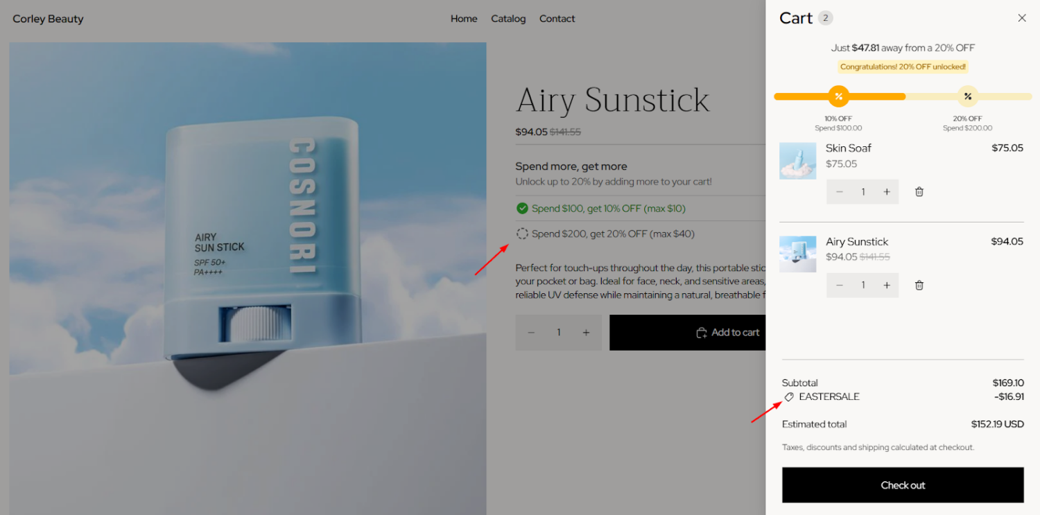 Shopify cart discount example in BOGOS: Free Gift Bundle Upsell app showing spend more save more offer with automatic discount applied in cart
