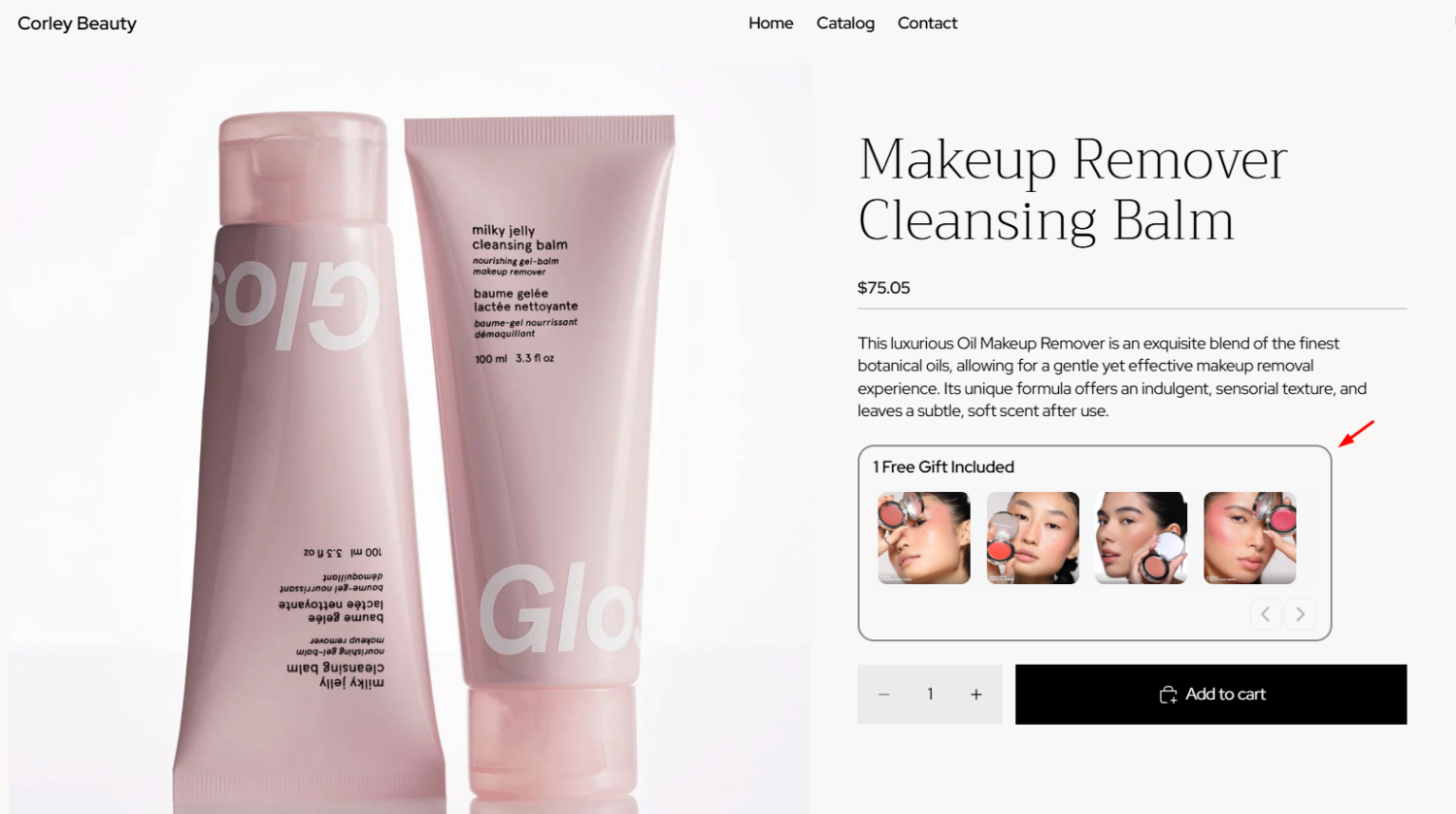 Shopify BOGOS: Free Gift Bundle Upsell app gift thumbnail showing exact product variant images for the free gift with Makeup Remover Cleansing Balm