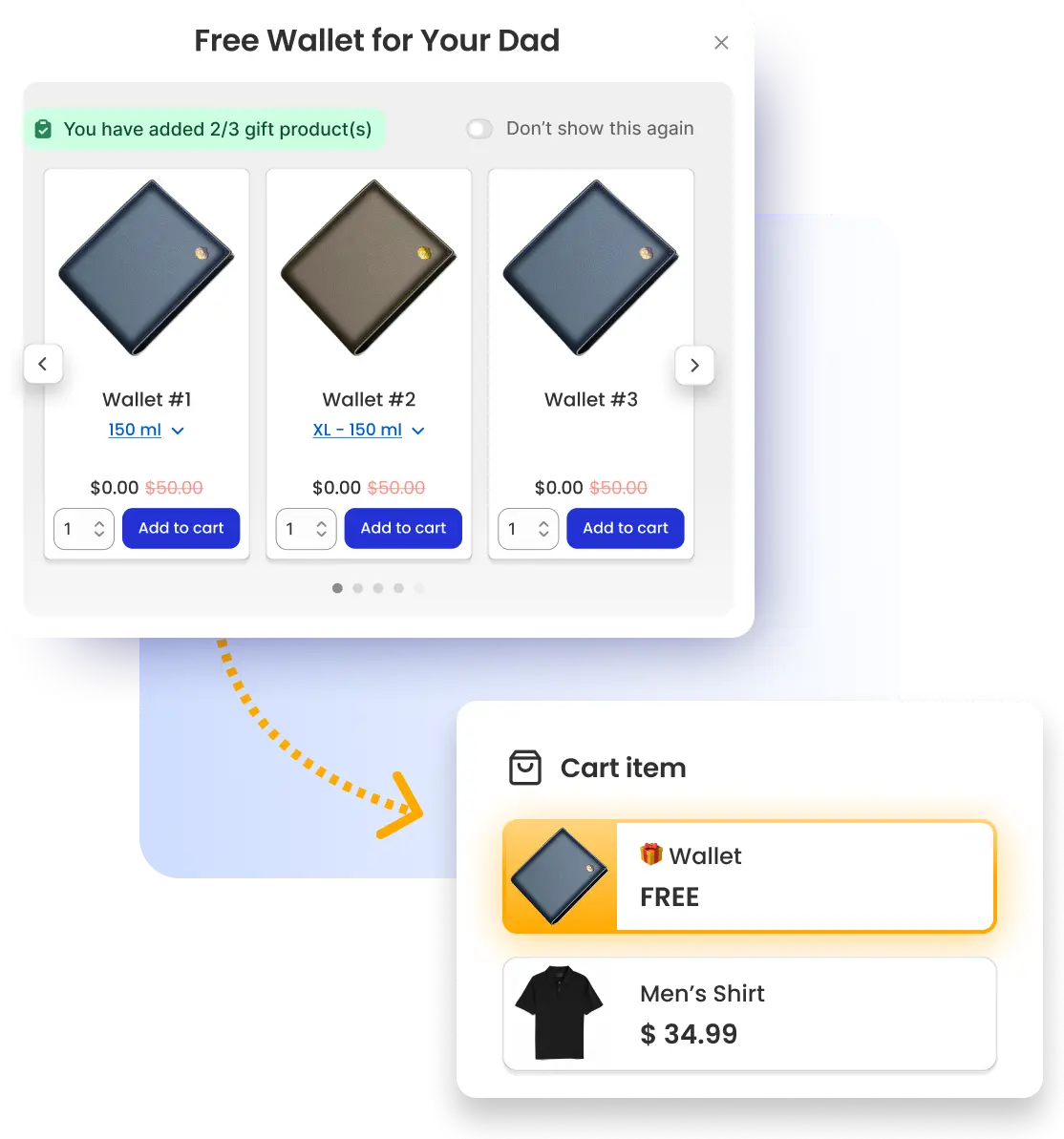 Free wallet gift offer popup showing selected Father’s Day cart items in a store