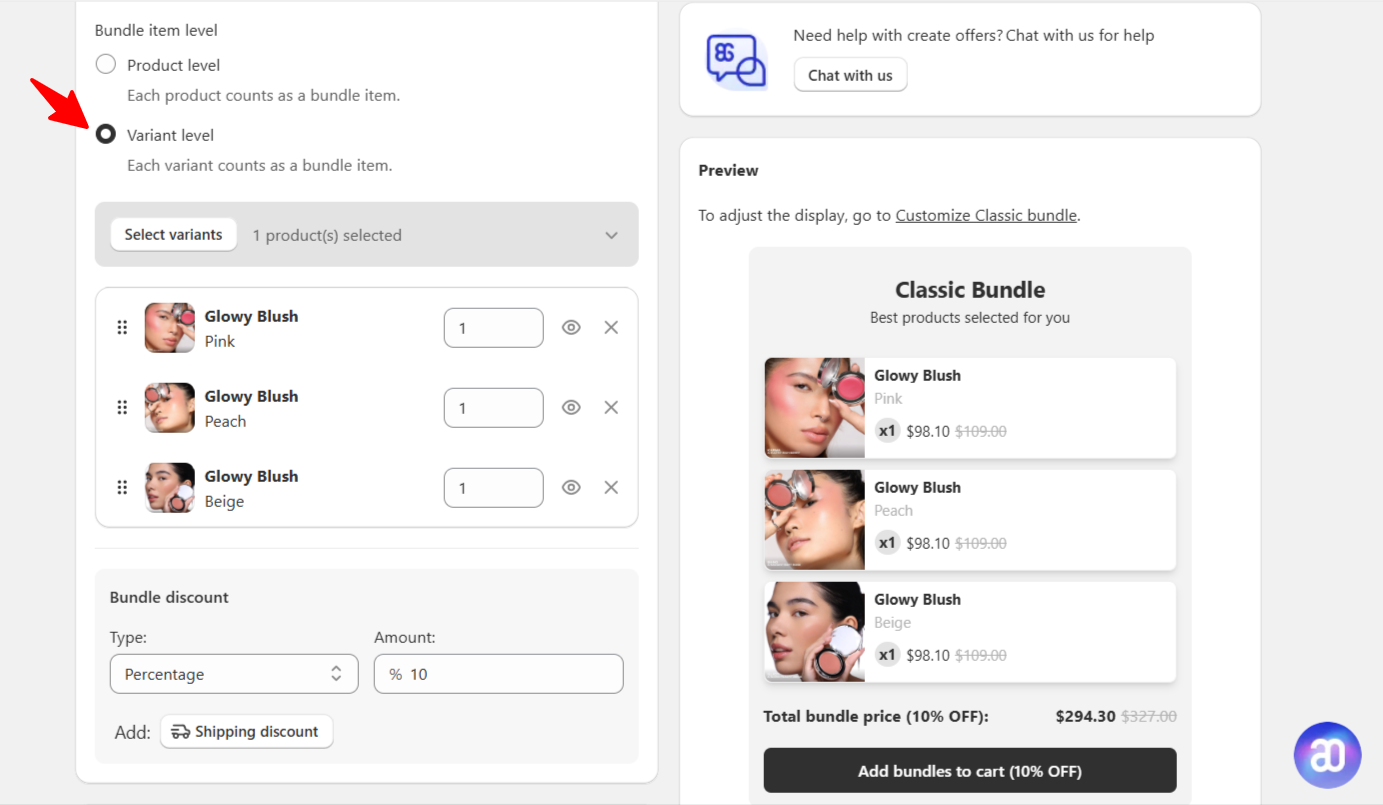 Screenshot of a BOGOS.io Free Gift update section titled “Classic Bundle: Bundle by Variant.” The text explains that merchants can now build classic bundles using specific product variants, not only products, such as bundling 1 red, 1 yellow, and 1 blue T-shirt. Below, the BOGOS app interface highlights the “Variant level” option under Bundle item level, with selected variants listed on the left and a Classic Bundle preview on the right showing multiple product variants, discounted bundle pricing, and an “Add bundles to cart” button.