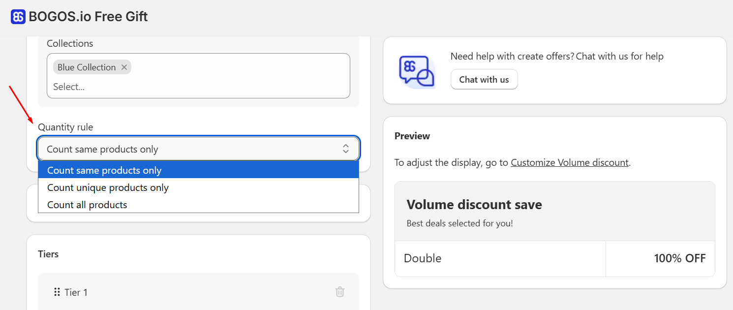Screenshot of a BOGOS.io Free Gift update section titled “Volume Discount: Flexible Rules,” explaining new Quantity Rules for volume discounts. The text says merchants can choose how products are counted toward discount tiers: same products only, different products or variants, or both. Below the explanation, an app interface screenshot highlights the “Quantity rule” dropdown, showing options such as “Count same products only,” “Count unique products only,” and “Count all products.”