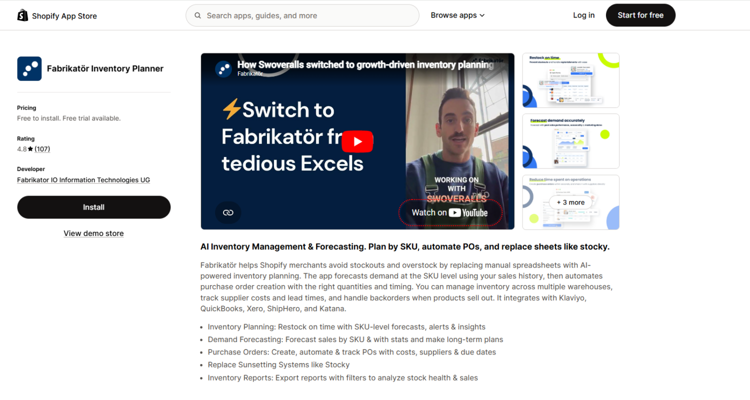 Fabrikatör Shopify app listing
