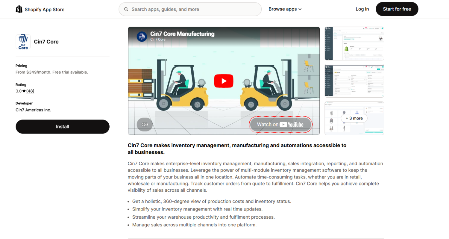 Cin7 Core Shopify app listing
