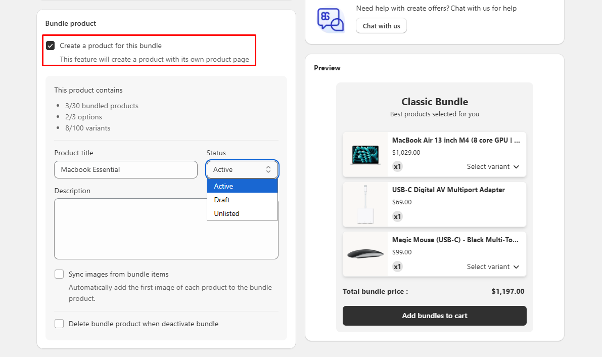 Screenshot of the BOGOS.io Free Gift “Quick Edit” update for Bundle as a Product. The text explains that merchants can now edit a bundle’s title, description, status, inventory, and more directly inside the BOGOS app without going to Shopify admin. Below, the app interface shows a Bundle product settings panel with the “Create a product for this bundle” option highlighted, editable fields such as product title, description, and status, plus a dropdown showing status options like Active, Draft, and Unlisted. A bundle preview appears on the right with products, prices, variant selectors, total bundle price, and an “Add bundles to cart” button.