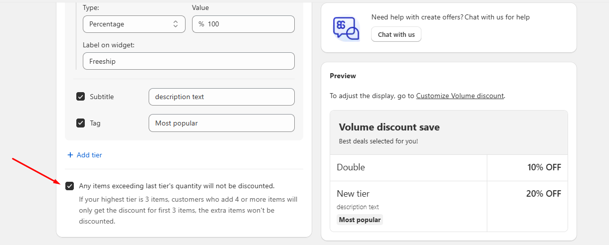 Screenshot explaining a new Volume Discount rule in BOGOS.io Free Gift. The text says items exceeding the last tier’s quantity will not be discounted and will be sold at full price. For example, if the last tier requires 3 items and the customer adds 4, the discount applies only to the first 3 items. Below, the app interface highlights a checkbox setting named “Any items exceeding last tier’s quantity will not be discounted,” with a preview showing volume discount tiers such as “Double” and “New tier.”