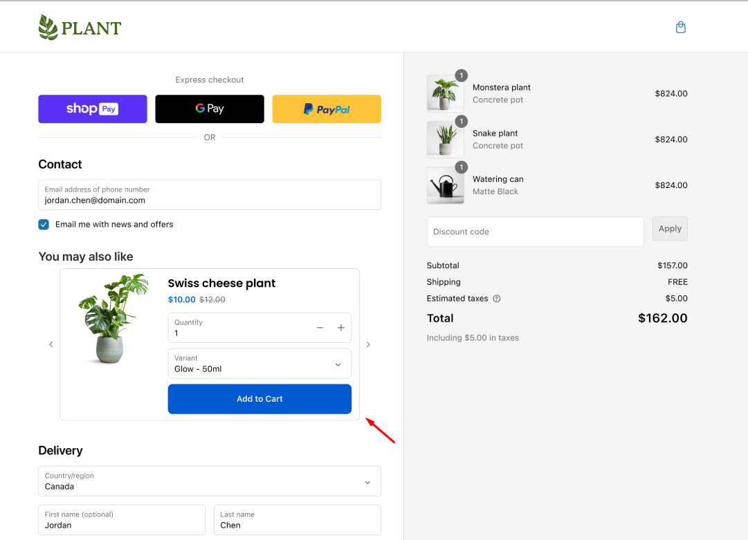 Screenshot of a BOGOS.io Free Gift update section titled “Checkout & Thank You Page Upsell: Sleeker Widget.” The text explains that the checkout and thank you page upsell widget has been redesigned to feel smoother and improve conversions when customers are ready to buy. Below, a checkout page preview shows a “You may also like” upsell widget with a product image, sale price, quantity selector, variant dropdown, and “Add to Cart” button, highlighted with a red arrow.