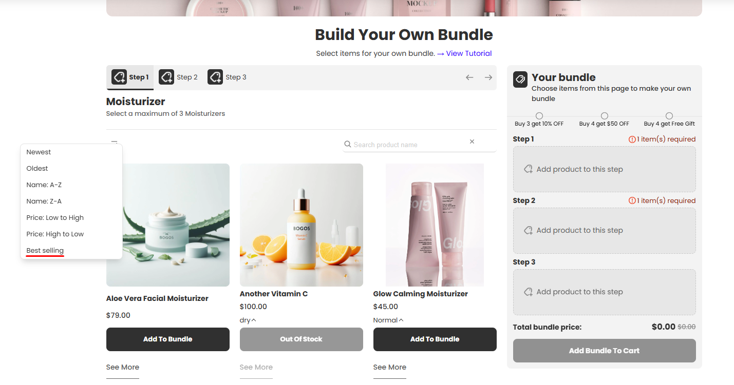 Screenshot of a BOGOS.io Free Gift update section titled “Bundle Page: Sort by Best Selling.” The text explains that shoppers can now sort products by Best Selling within each Bundle Page step, helping surface top-performing products during purchase decisions. Below, a Bundle Page storefront preview shows a “Build Your Own Bundle” page with step tabs, a product grid, a sort dropdown including “Best selling,” and a bundle summary panel on the right.