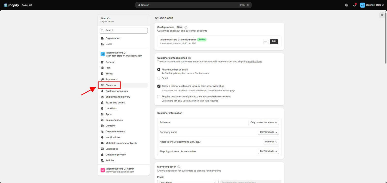 Shopify Checkout Setting Tab