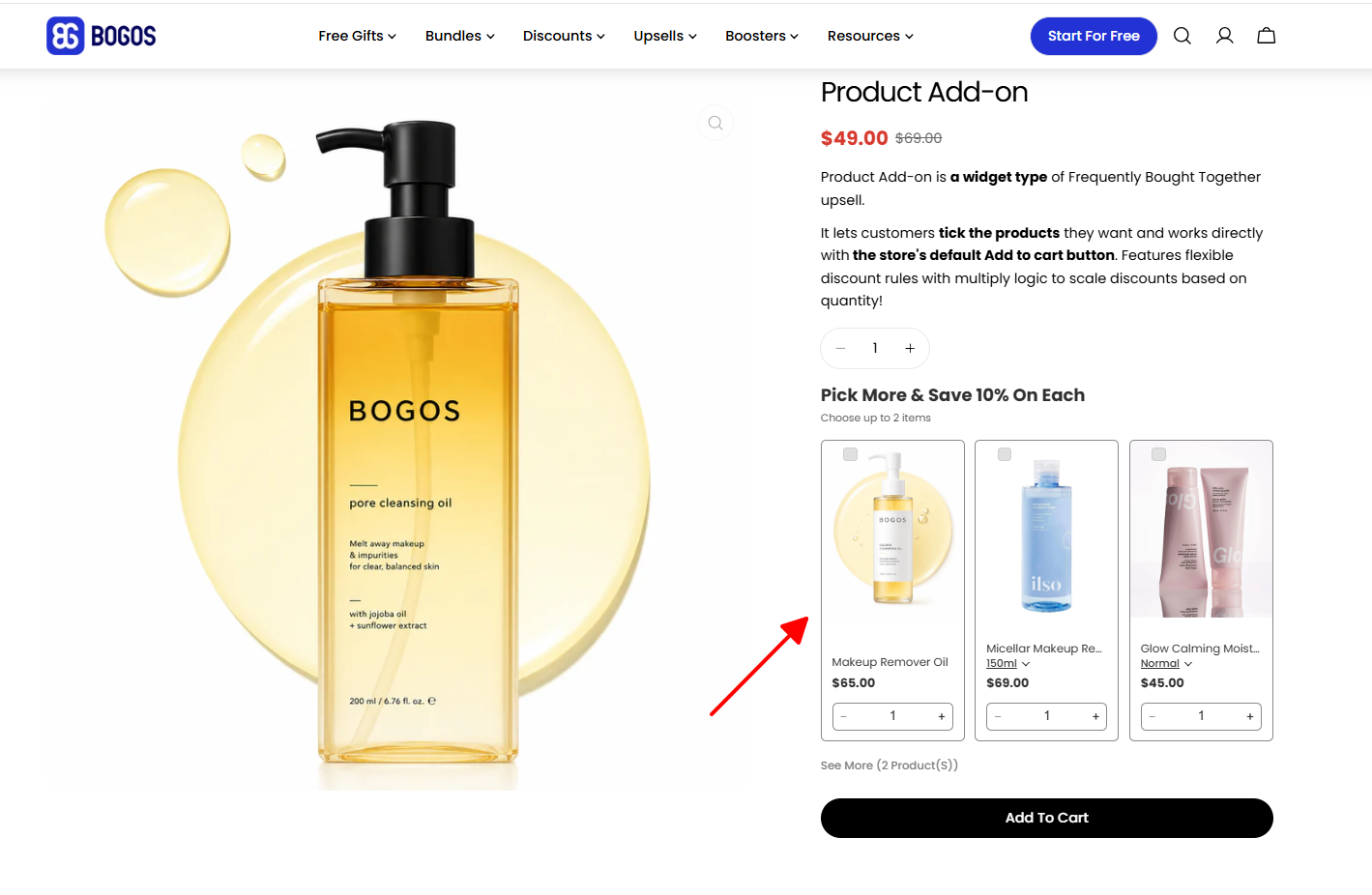 Product add-on on product page