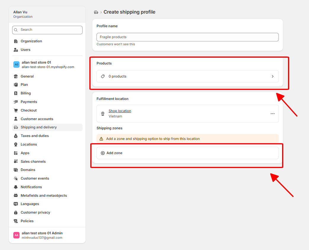 add "Products" and "Shipping zones"
