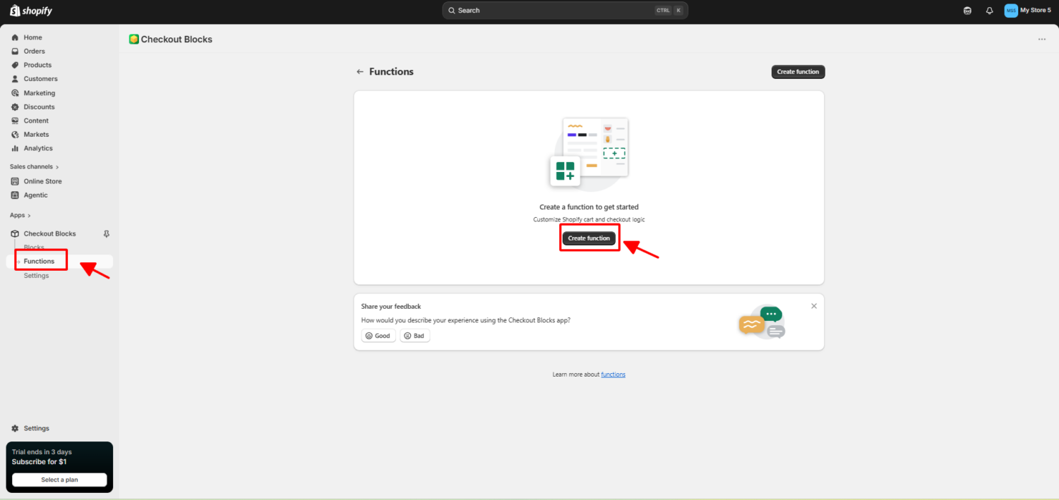 Create new function with Shopify checkout blocks app
