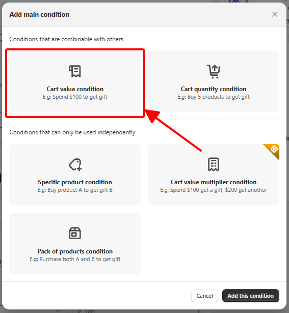 Add "Cart value conditon"
