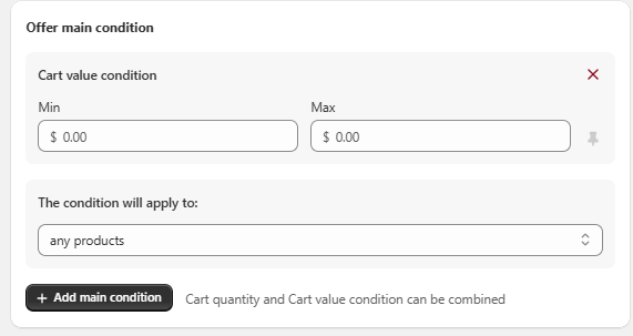 Set minimum and maximum cart value condition
