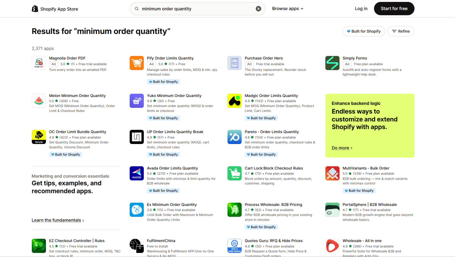 Shopify App Store listing for a minimum order quantity app