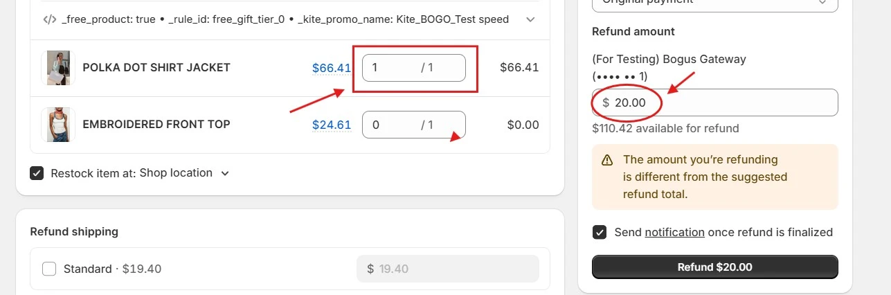 A Custom $20 Shopify Refund Set For One Product Instead Of Its Full Price