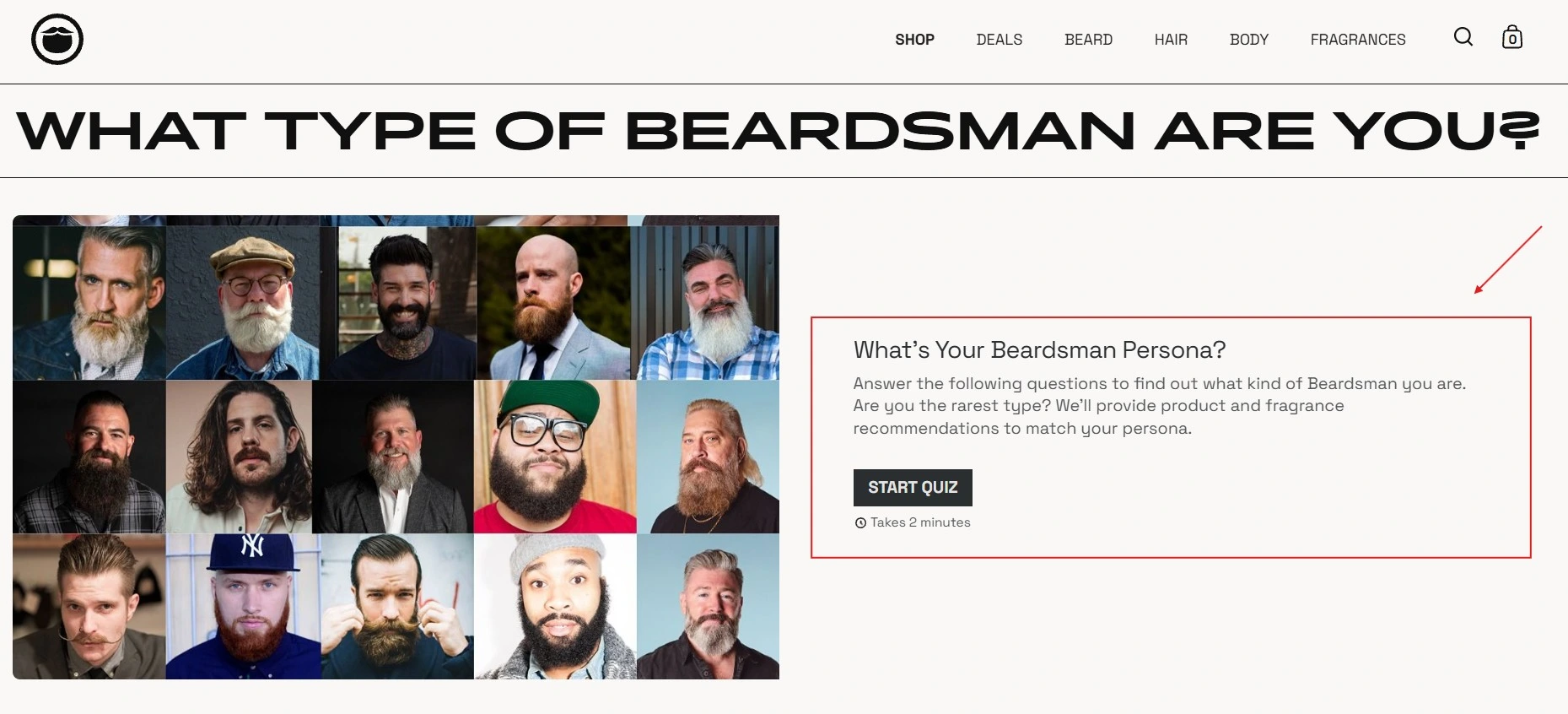 Beardbrand Quiz Landing Page With Bearded Customer Portraits And A Button To Start The Product Quiz