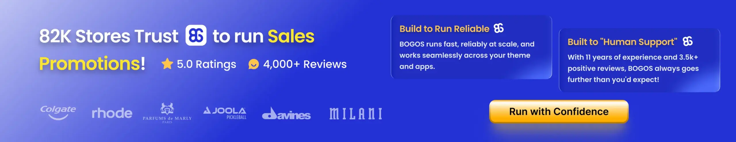 BOGOS Shopify promotions app trusted by 82K stores to run sales promotions, with 5.0 rating and 4,000+ reviews
