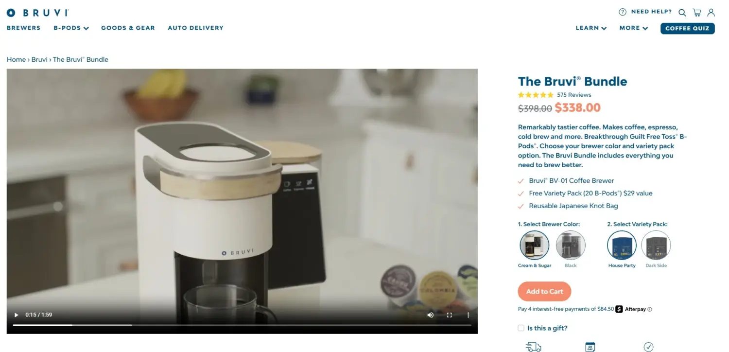 Bruvi Product Landing Page With A Coffee Brewer Demo Video, Bundle Details, And An Add To Cart Button