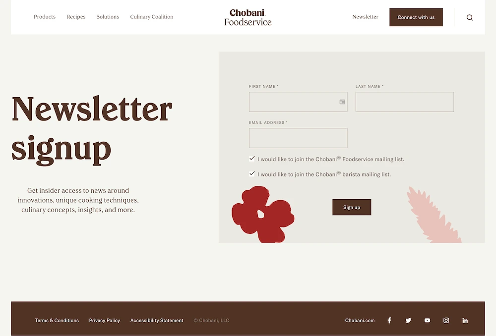 Chobani Foodservice Lead Capture Page With Name And Email Fields For Newsletter Signup