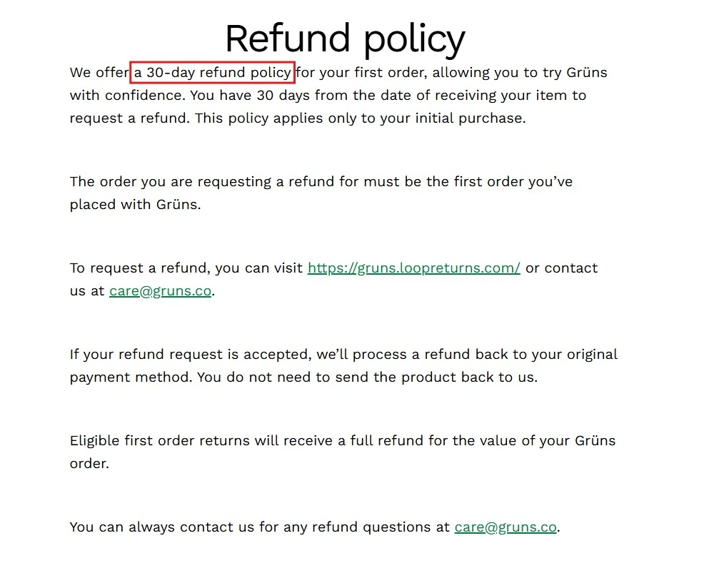 Grüns Refund Policy Page Highlighting A 30 Day Refund Window For A Customer’s First Order