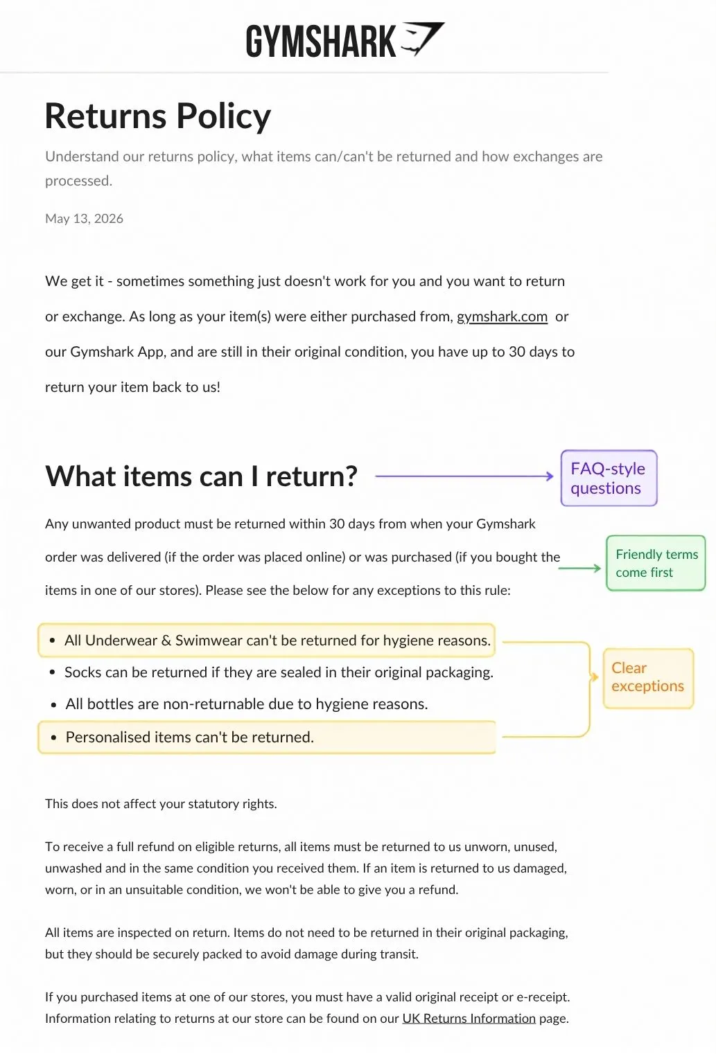 Gymshark’s Return Policy Example