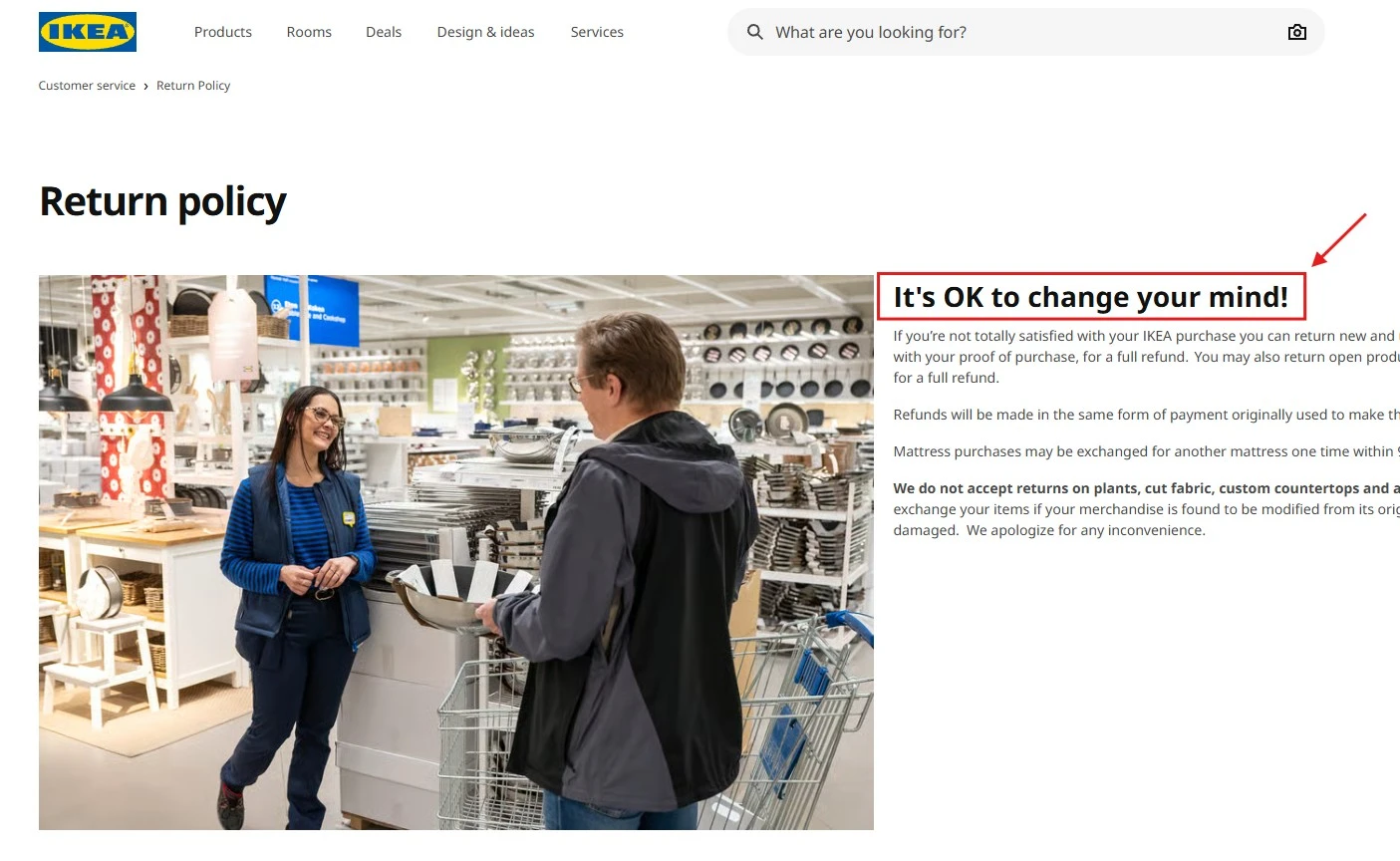 Ikea Return Policy Page With A Friendly Message Beside An Employee Helping A Shopper