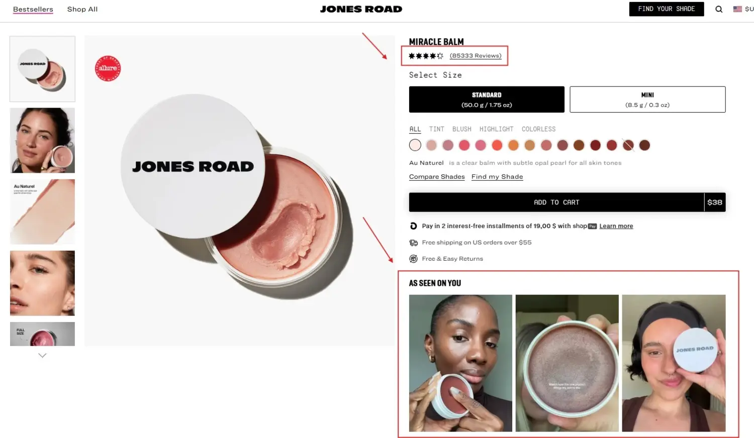 Jones Road Product Page With Miracle Balm, Star Ratings, Shade Options, And Customer Photos