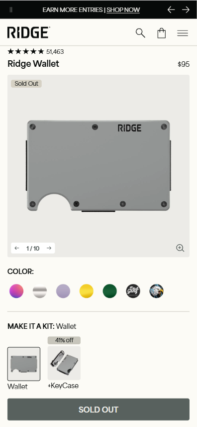 Mobile Shopify Product Page For A Ridge Wallet With Color Swatches, Kit Options, And A Wide Action Button