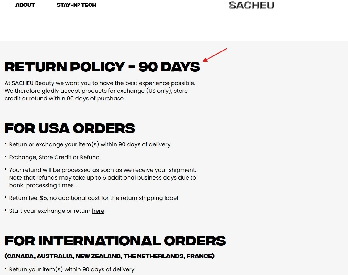 Sacheu Refund Policy Page Highlighting A 90 Day Window For Us And International Orders