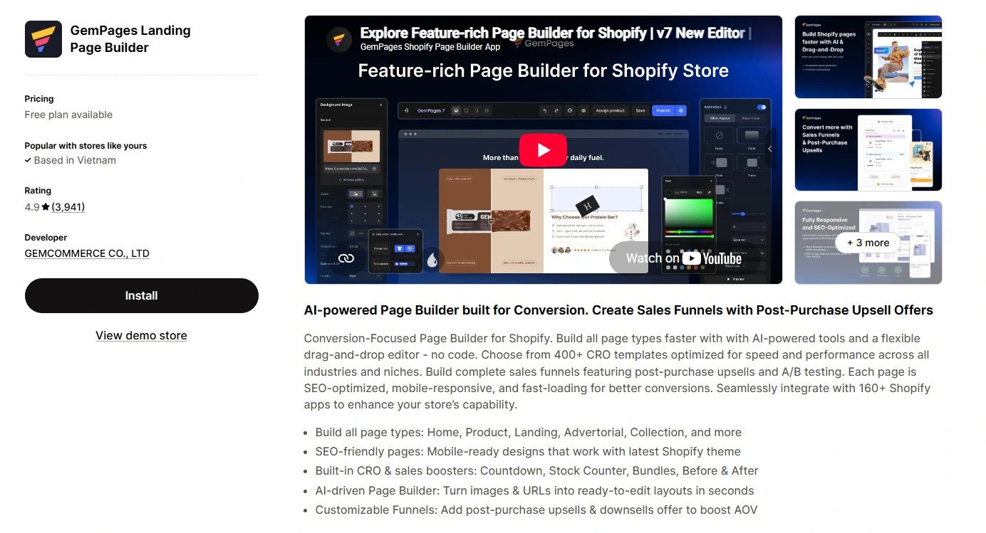 Shopify App Store Listing For Gempages Showing Its Drag And Drop Editor And Template Previews