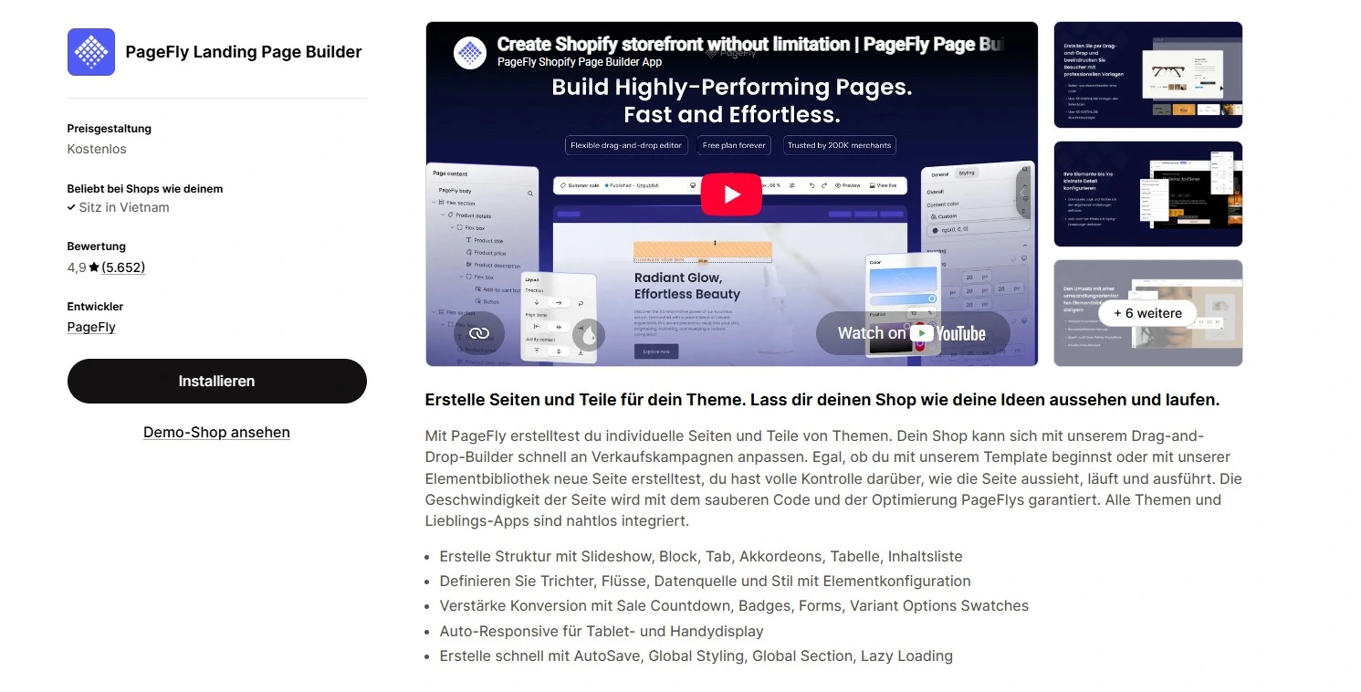 Shopify App Store Listing For Pagefly With A Page Builder Preview Video And Installation Button