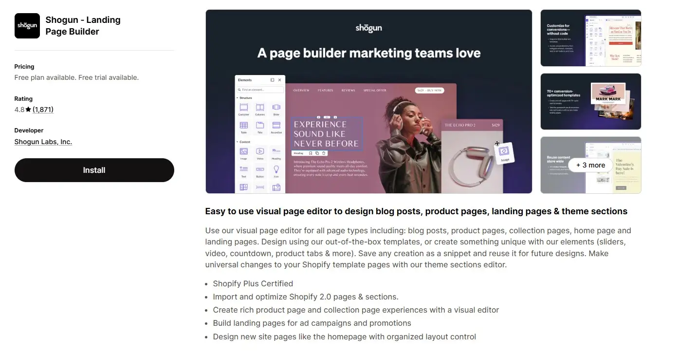 Shopify App Store Listing For Shogun With A Visual Page Editor Preview And Installation Button