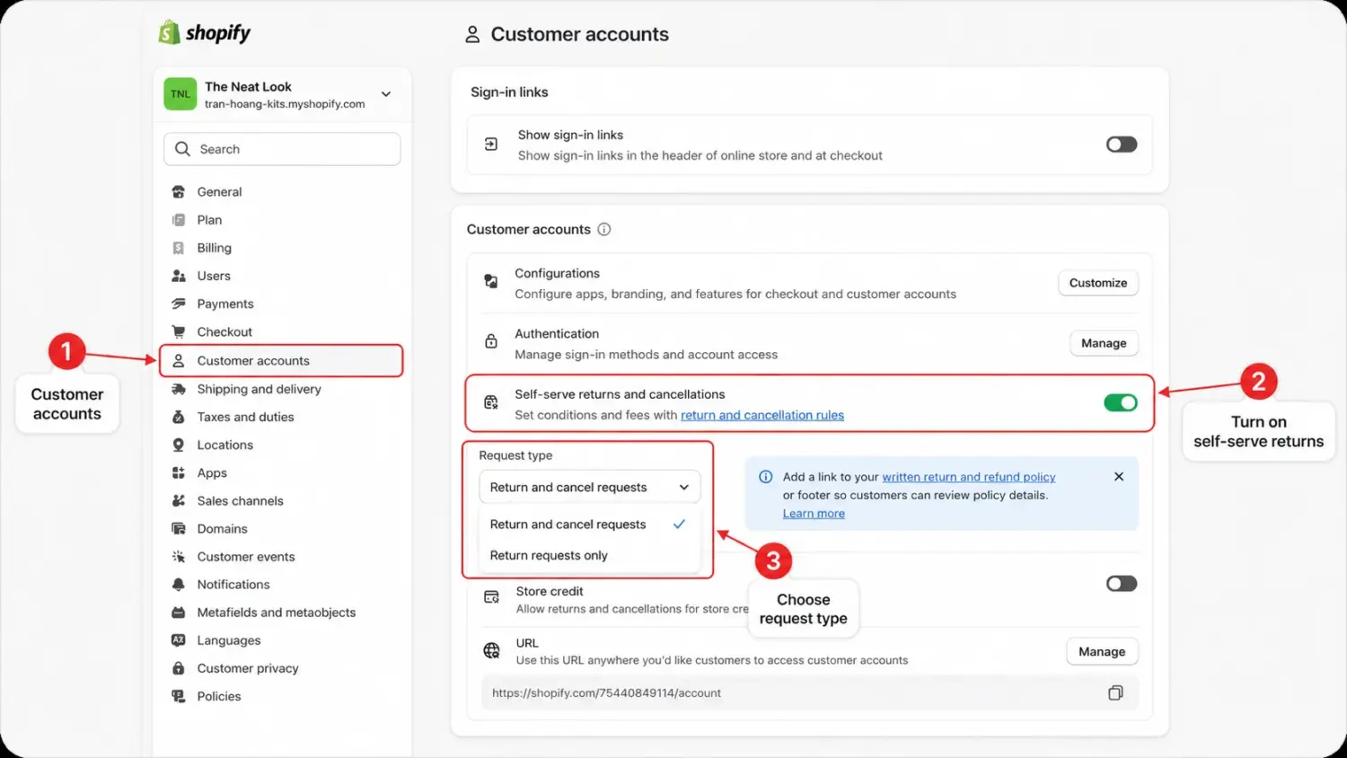 Shopify Customer Accounts Settings With Self Serve Returns Enabled And Request Type Options