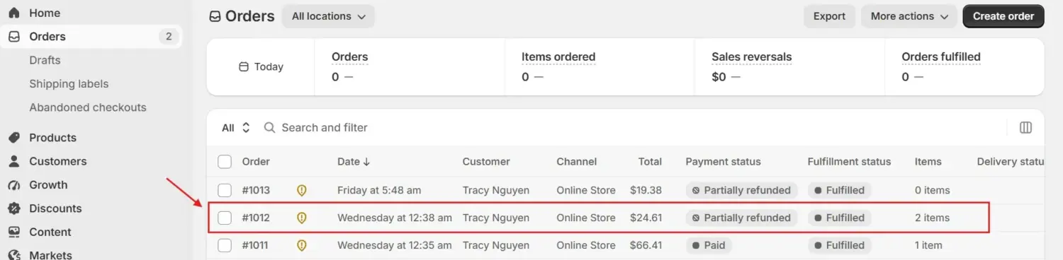 Shopify Order List With A Partly Refunded Order Selected
