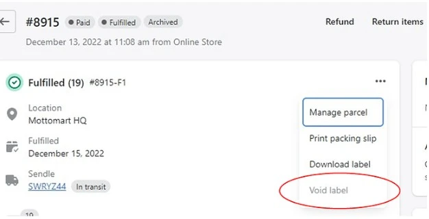Shopify Order Menu With The Void Label Option Marked For A Shipping Label Refund