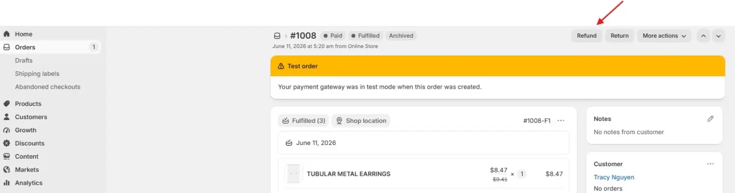 Shopify Order Page With The Refund Button Highlighted In The Top Right Corner.