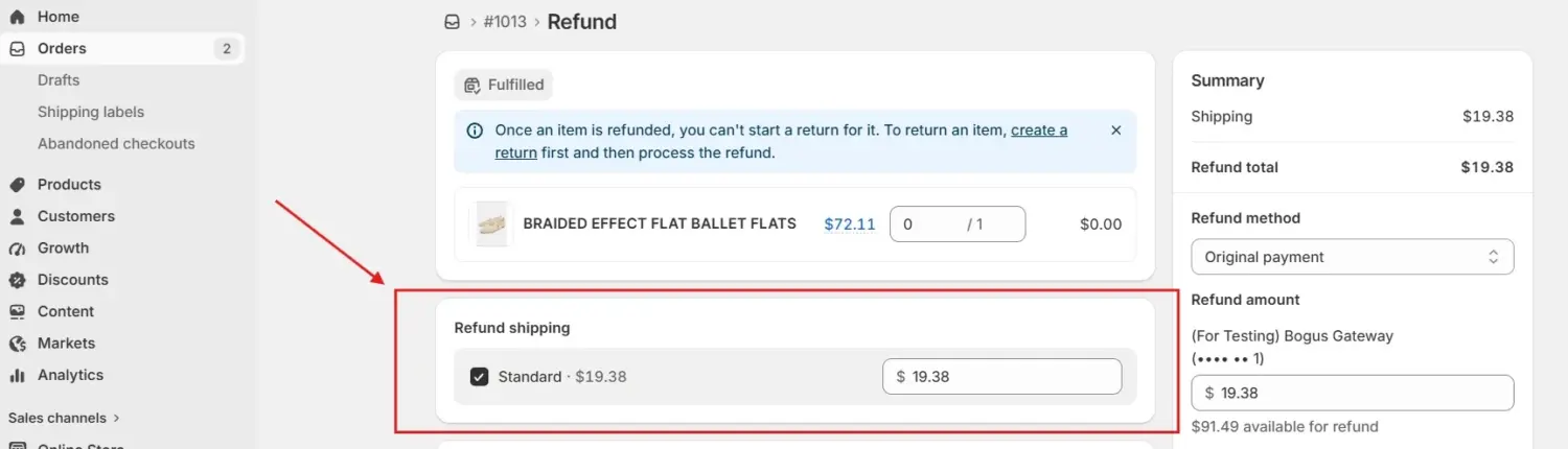 Shopify Order Page With The Shipping Refund Field Marked