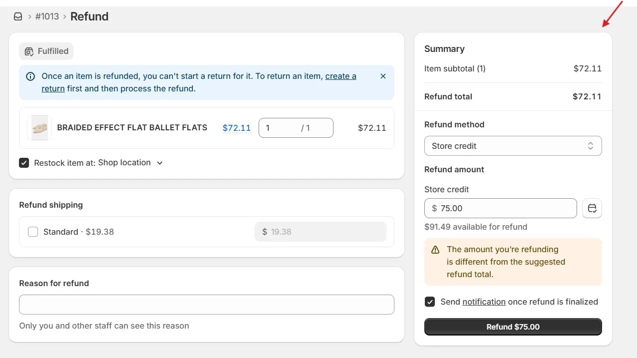 Shopify Refund Form Showing Store Credit Above The Item Value