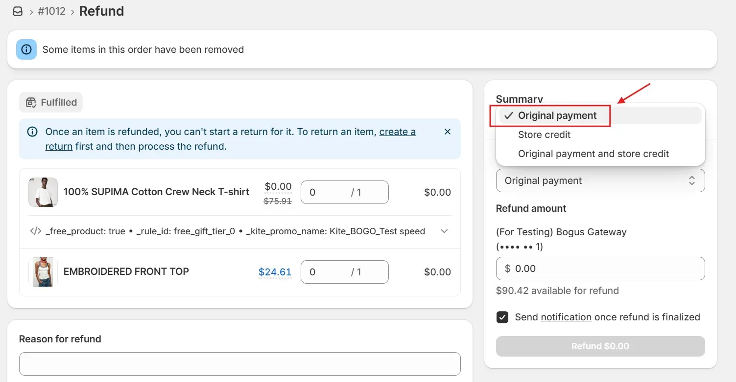 Shopify Refund Menu With Original Payment Chosen After Store Credit