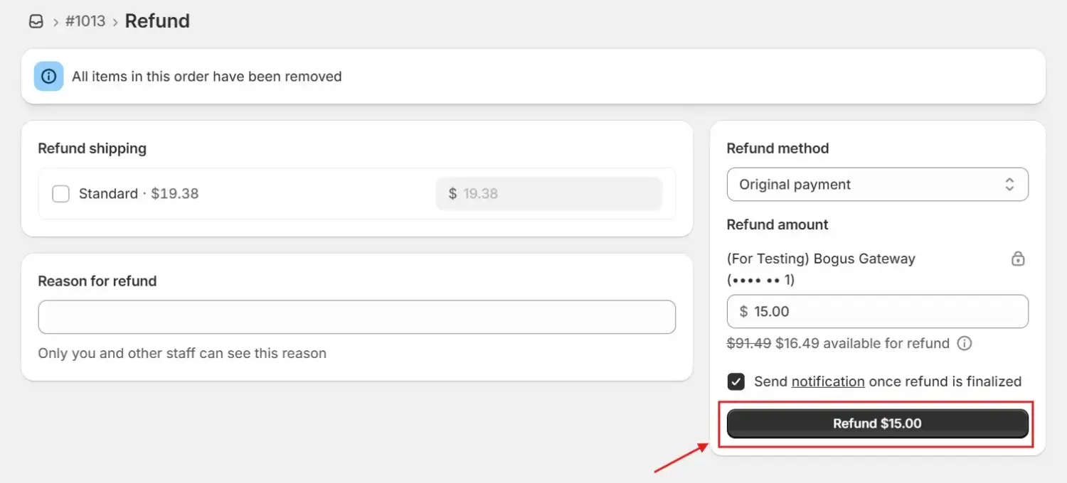 Shopify Refund Screen Ready To Send Money To The Original Payment Method