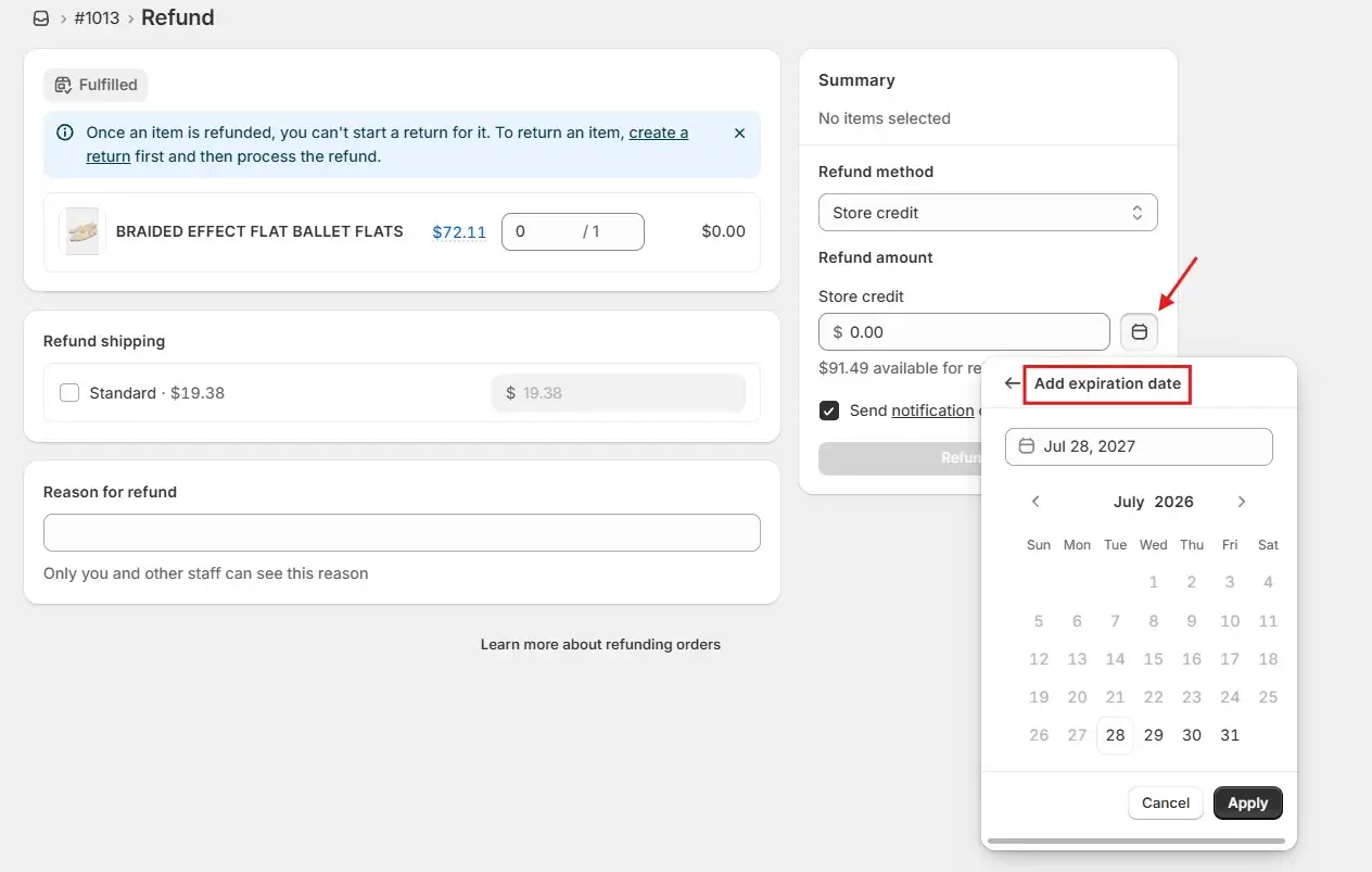 Shopify Refund Screen Showing A Date Picker For Store Credit Expiry