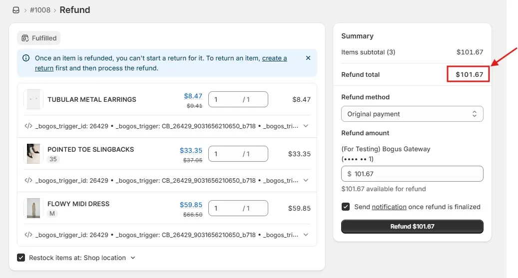 Shopify Refund Screen Showing Item Quantities, Restocking, And A Calculated Refund Total