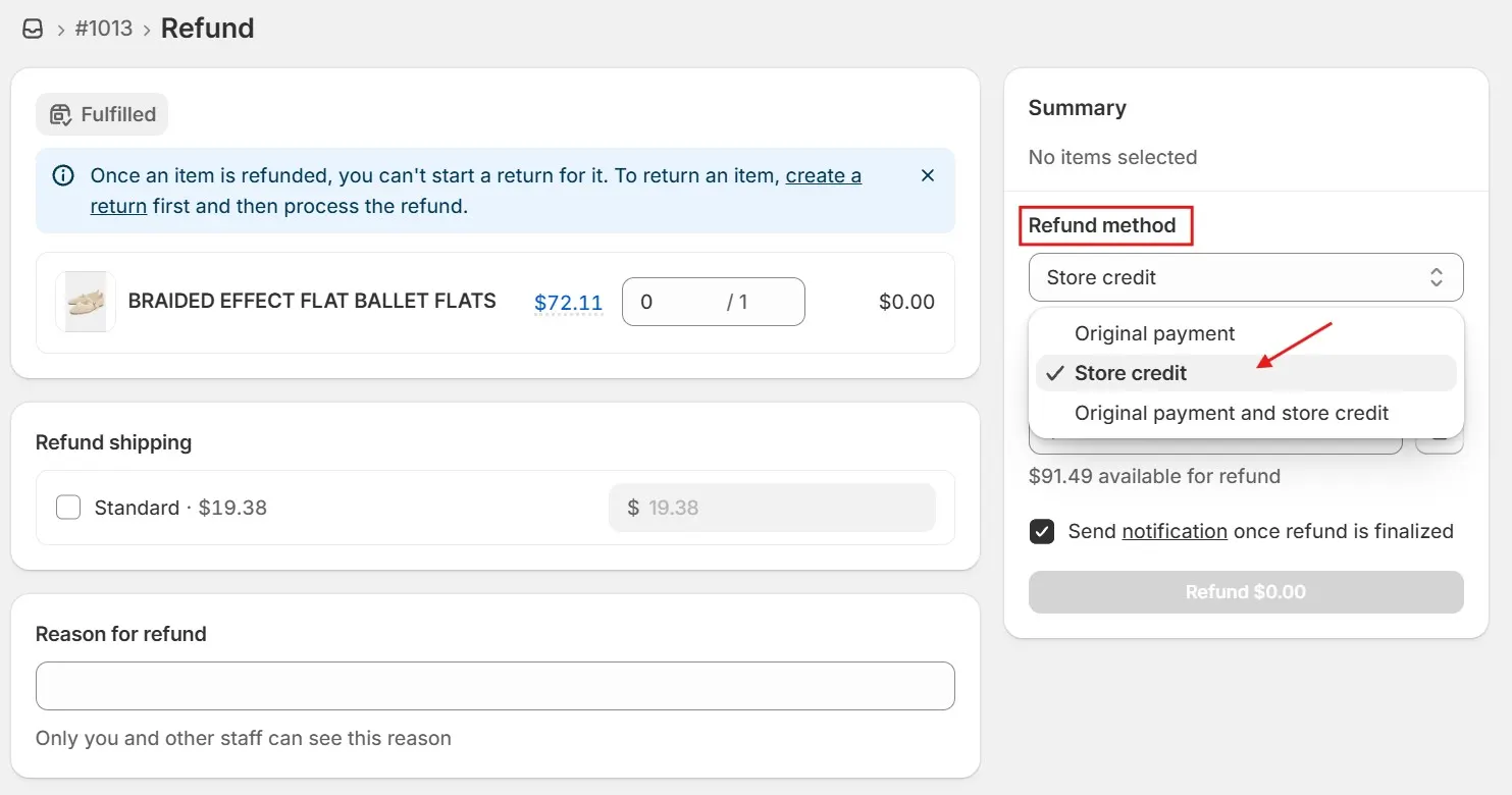 Shopify Refund Screen With Store Credit Chosen As The Refund Method
